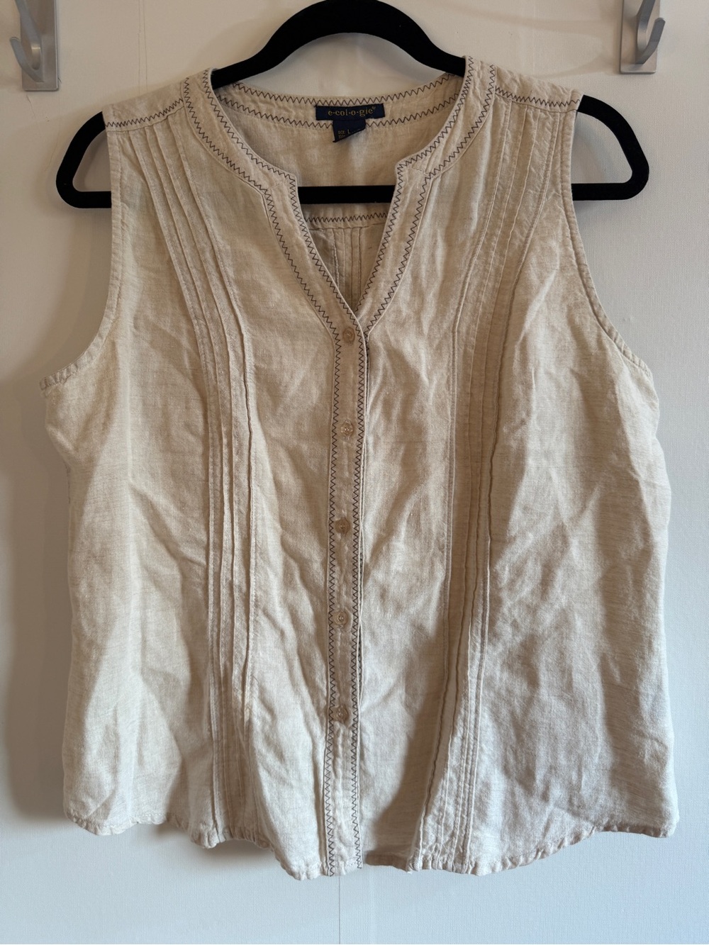 Ecologie 100% Linen Sleeveless Blouse Beige Pintuck Button Front Size L